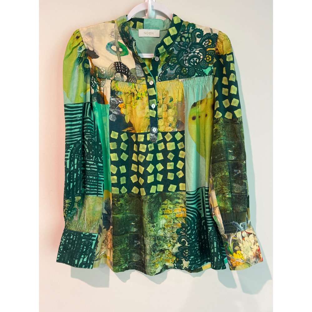 NOEN Green Patchwork Print Viscose Henley Blouse Smocked Cuff Women's Size 10